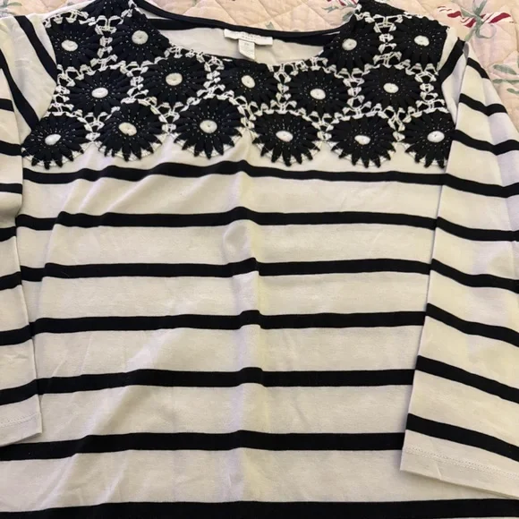 Charter Club Black and Cream Crochet Accent Top - Picture 1 of 2